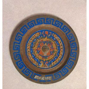 Vintage MEXICAN Queretaro Aztec Mayan Copper Enamel Calendar Plate